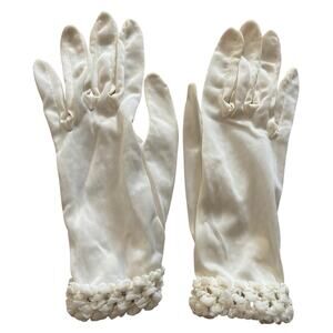 Vintage Cream White Dress Gloves Crochet Ruffle Trim Mid Wrist Medium